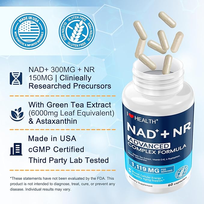 NAD Supplement 1119 mg with NR | Advanced Complex | NMN Alternative | Green Tea Extract + Astaxanthin | Anti-Aging Cellular Energy Support | 60 Capsules, Made in USA