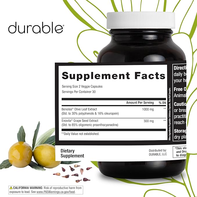 Durable Blood Pressure – Benolea Olive Leaf & Enovita Grape Seed Extract – Healthy Circulation, Nitric Oxide & Artery Support – Doctor Formulated, Vegan, Non-GMO, Made in USA (60 Capsules)