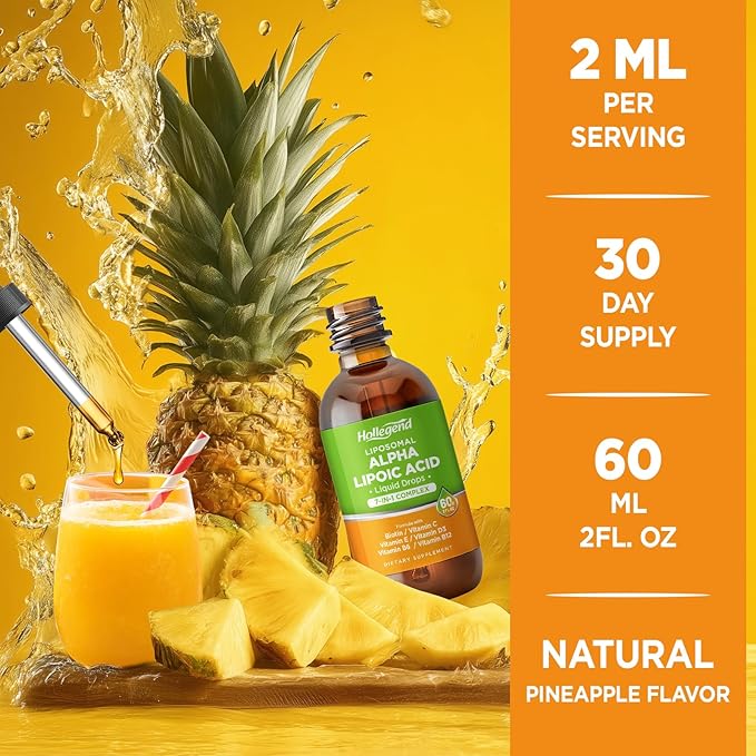 Liposomal Liquid Alpha Lipoic Acid drops, 600 MG R-Alpha Lipoic Acid Supplement with Biotin & Multivitamins, ALA for Antioxidant, Brain Health and Nerve Support, Pineapple Flavor, Sugar Free, 2 FL OZ