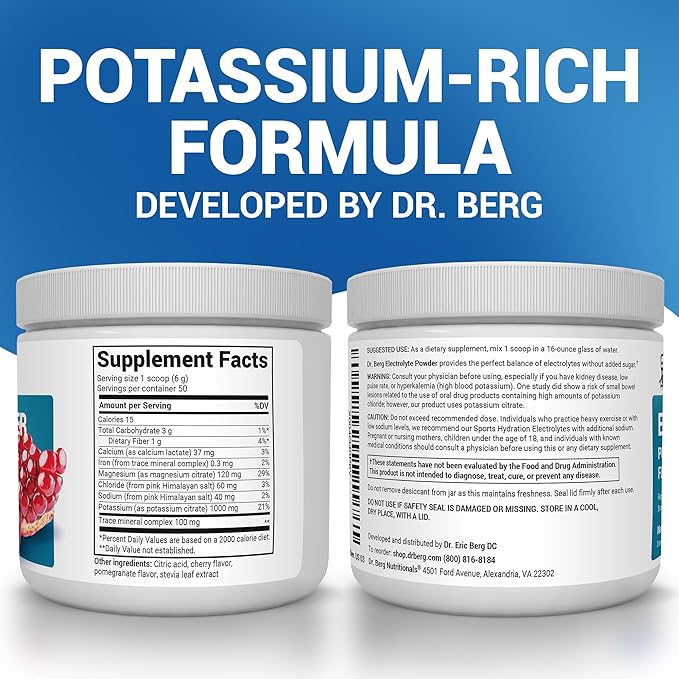 Dr. Berg Zero Sugar Hydration Keto Electrolyte Powder - Enhanced w/ 1000 mg of Potassium & Real Pink Himalayan Salt (NOT Table Salt) - Pomegranate and Cherry Hydration Drink Supplement - 50 Servings