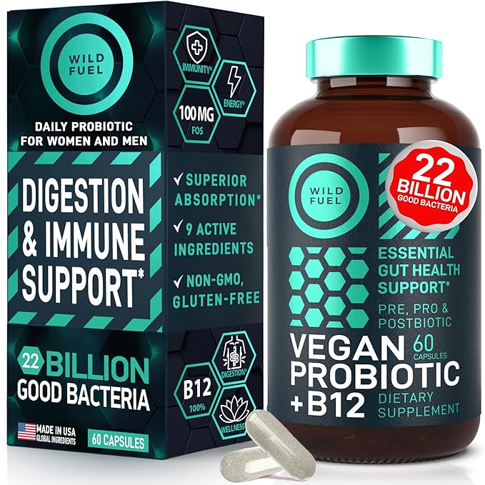 Vegan Probiotic Plus B12 & FOS - 22 Billion CFU Synbiotics Prebiotics and Probiotics for Digestive Health, IBS, Mood Support - B12 Pre Pro Post Biotics for Women & Men - 60 Gluten-Free Capsules
