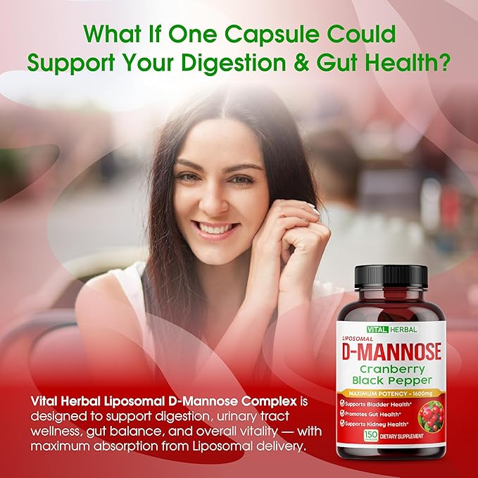 VITAL HERBAL Liposomal D-Mannose with Cranberry & Black Pepper – High Absorption Formula – Supports Urinary Balance, Digestive Comfort & Daily Wellness (90 Capsules)