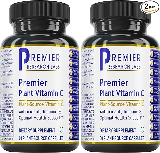 Premier Research Labs Vitamin C Supplement - Natural Vitamin C, Whole Food Vitamin C, Essential C Complex, Pure with Bioflavonoids & Organic Ingredients - 60 Vegetarian Capsules (Pack of 2)