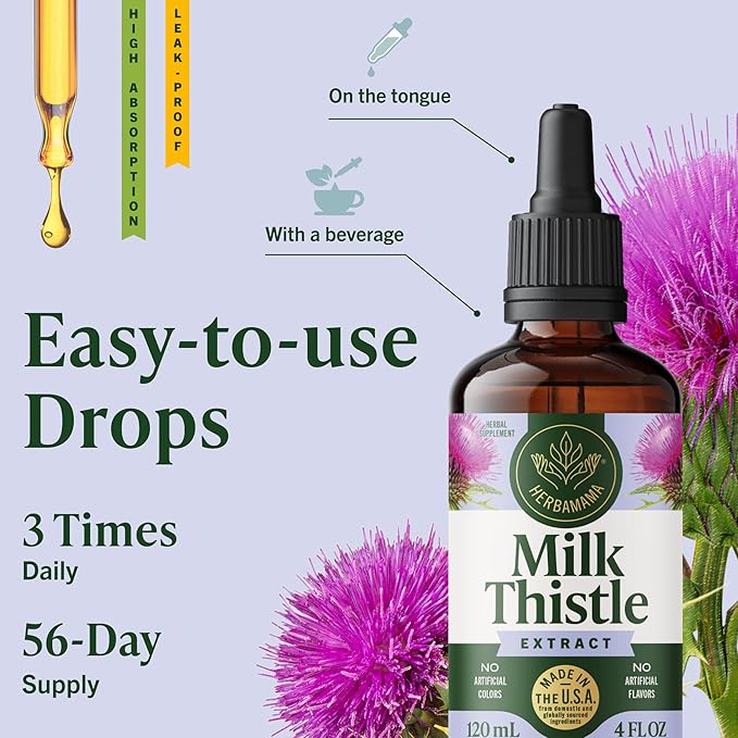 HERBAMAMA Milk Thistle Supplement - Vegan Liver Support with Milk Thistle Extract Tincture - Non-GMO, Alcohol & Sugar-Free Liquid Silymarin Liver Detox Drops, 56-Day Supply