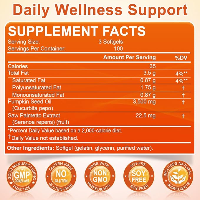 Pumpkin Seed Oil with Saw Palmetto, 3500mg Max Strength per Serving, 300 Softgels, Cold-Pressed with Essential Fatty Acids & Phytosterols, Supports Immune, Hair, Bladder & Prostate Health