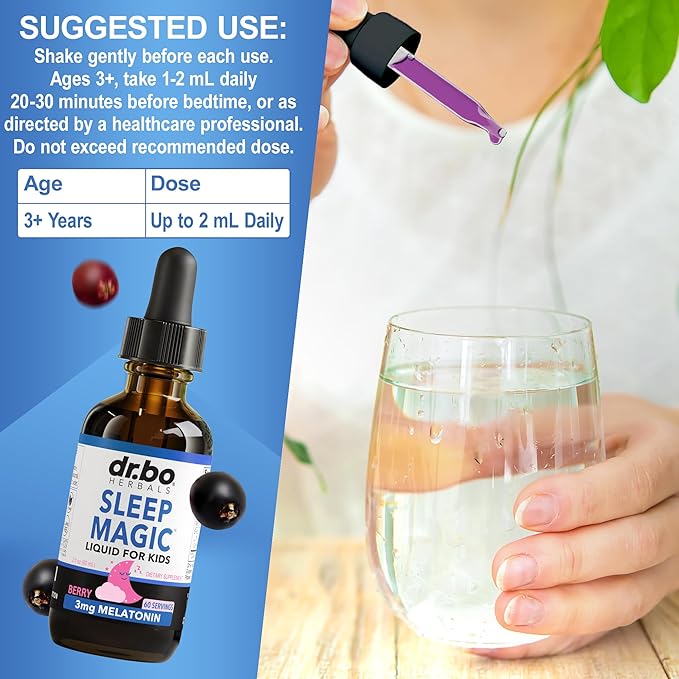 Liquid Melatonin Kids Sleep Aid - Sleep Magic Kids Melatonin Liquid 3mg Berry Drops, D3, L Theanine - Children's Sleeping Aids, Natural Calm L-Theanine Supplement, Toddler Travel Essentials 2 Fl Oz