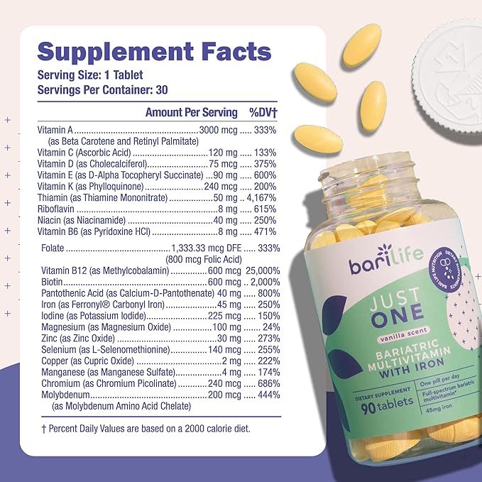 Just One - Once Daily Bariatric Multivitamin with Iron, 90 Count for Gastric Sleeve and Gastric Bypass