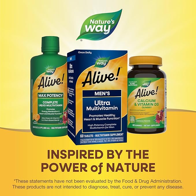 Nature's Way Alive! Men’s Once Daily Ultra Potency Multivitamin Tablets, Complete High Potency Men’s Daily Vitamin Promotes Heart & Muscle Function*, B-Vitamins, Zinc and Antioxidants, 60 Tablets