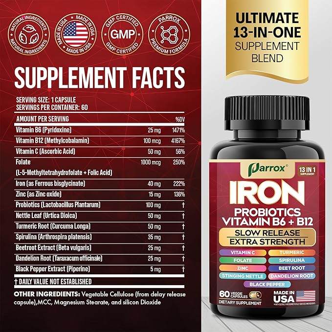 Iron Supplement, Slow Release Iron, Probiotics, Spirulina, Turmeric, Vitamin B6, Methylated B12, Vitamin C, Zinc, Beetroot, Nettle Leaf, Dandelion Root, Black Pepper, Extra Strength, 60 Capsules 3Pack