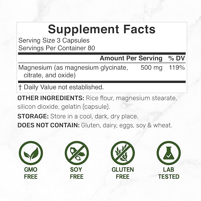 Magnesium Complex 1,000mg, 240 Capsules – Triple Magnesium Complex with Magnesium Glycinate, Citrate, Oxide – Mineral Supplements with Max Strength Elemental Forms + 100% Chelated & Purified