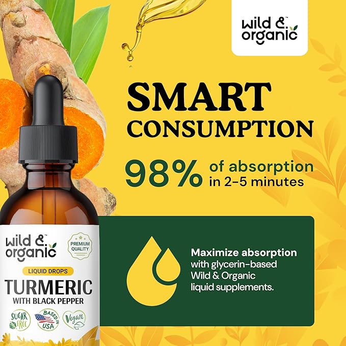 Wild & Organic Turmeric Curcumin Supplement with Black Pepper - Movement & Immune Support - Liquid Turmeric Curcumin with Black Pepper - Add to Tea Drops - Vegan, Sugar & Alcohol-Free Tincture - 2 oz
