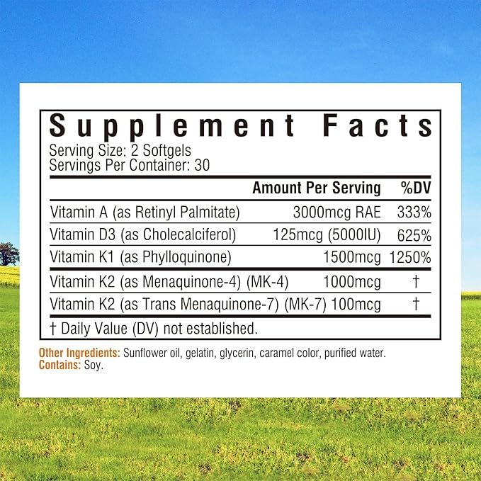 Innate Vitality K Ultra, K1 & K2 D3 Vitamin Supplement with Vitamin A, Vitamin D3 K2 5000 IU for Healthy Bones, Proper Calcium Metabolism, Full Spectrum, Non GMO, 60 Mini Softgels