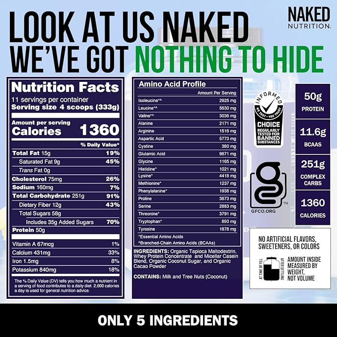 NAKED Chocolate Mass Gainer - All Natural Weight Gainer Protein Powder - 8lb Bulk, GMO Free, Gluten Free & Soy Free. No Artificial Ingredients - 1,360 Calories