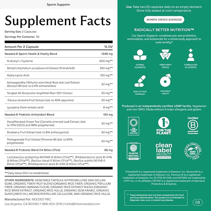 Needed. Sperm Support - Fertility Supplements for Men - Clinically Studied Botanical Ingredients for A Whole Body Approach to Male Fertility - Prenatal Vitamins - 60 Capsules, 30 Day Supply