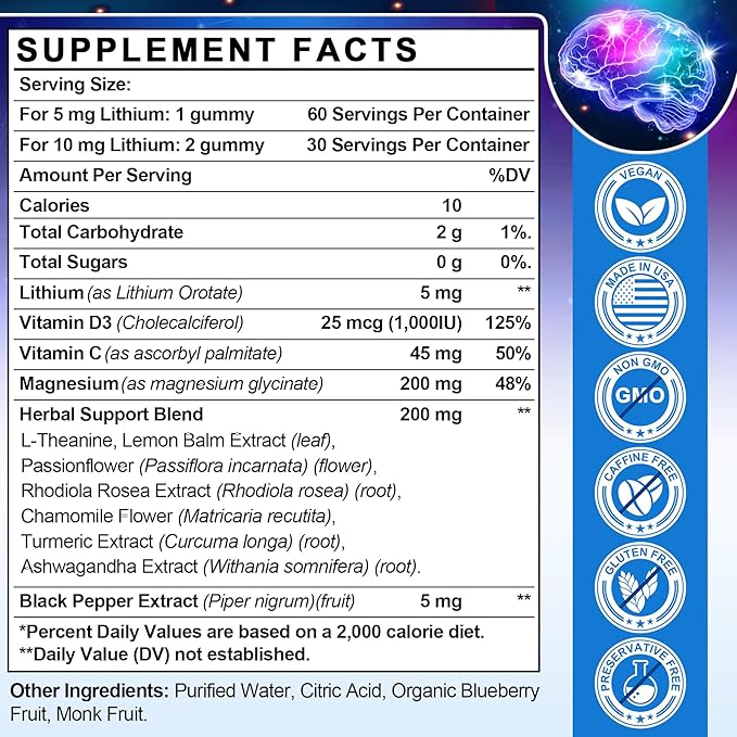 12-in-1 Lithium Orotate 5mg 10mg with Ashwagandha & L-Theanine, Lithium Orotate for Mood, Calm, Cognitive & Brain, High Bioavailability Trace Mineral, Lemon Balm, Magnesium Glycinate, 1 Pack