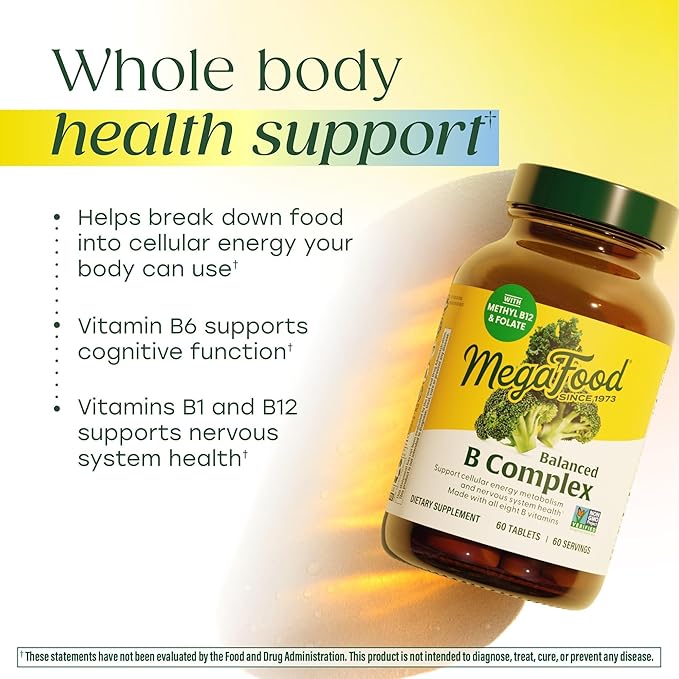 MegaFood Balanced B Complex - B Complex Vitamin Supplement - 8 B Vitamins Including Vitamin B6, Vitamin B12, Folate, Biotin & More - Supports Cellular Energy Production - Vegan, Gluten Free - 60 Tabs