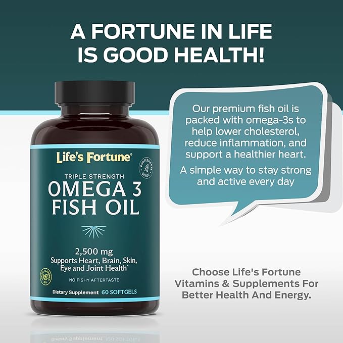 Life's Fortune Fish Oil Omega 3 Concentrate Supplement 2500 mg, 60 Softgels, High Potency, EPA & DHA Fatty Acid - Heart, Brain, Skin, Joints - Non GMO