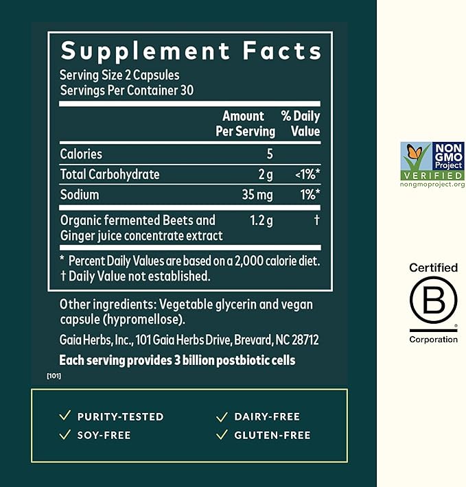 Gaia Herbs Ginger-Beet Postbiotic - Supplement for Gut & Heart Health Support* - Made with Fermented Beets & Ginger - Free from Dairy, Soy & Gluten - 60 Vegan Liquid Phyto-Caps (30 Servings)