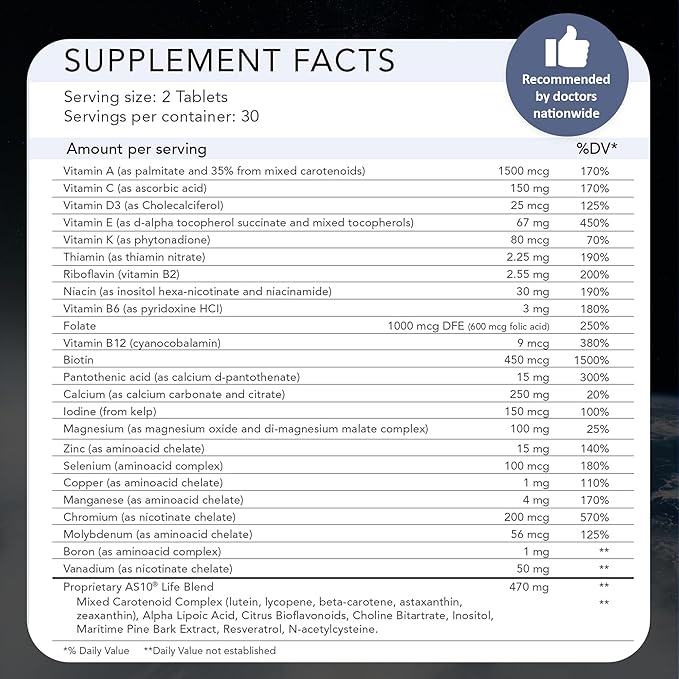 AS 10® Life – Stress, Immune Support and Anti Aging Supplement - Multivitamin and Antioxidants Tablet, Resveratrol, Alpha Lipoic Acid, Lutein and Zeaxanthin, Co-Developed by NASA, 60 ct