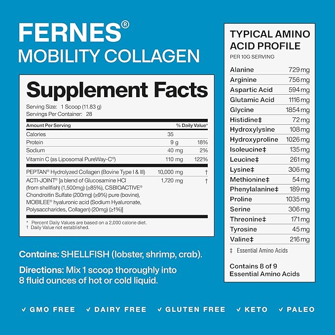 Mobility Collagen Peptides Powder - Glucosamine, Chondroitin, Hyaluronic Acid & Liposomal Vitamin C Join Bone & Cartilage Support Grass-Fed Type I & III Keto & Paleo 56 Servings, 23.66 oz
