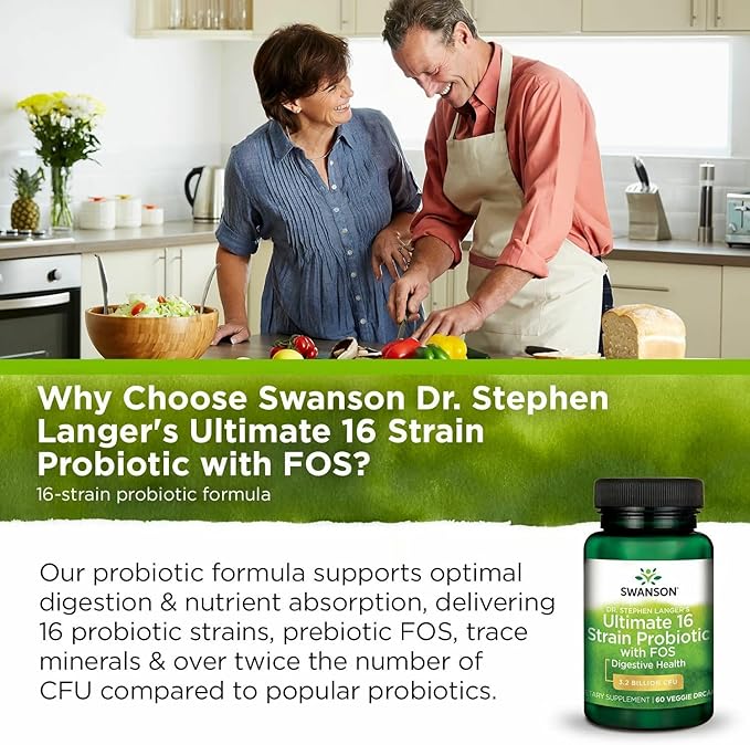 Swanson Dr. Stephen Langer's 16-Strain Probiotic with Prebiotic FOS for Gut-Health-Conscious Adults with 3.2 Billion CFU (60 Vegan Capsules, 2 Pack)