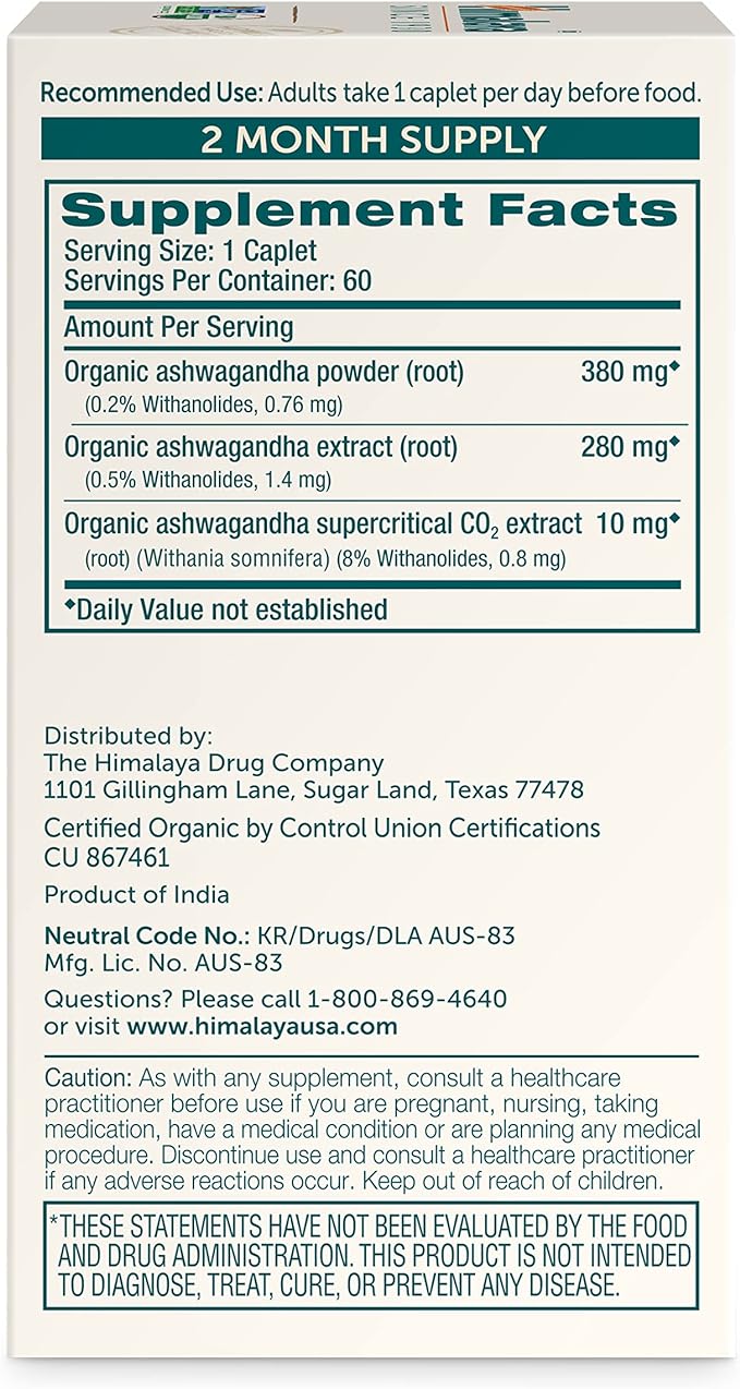 Himalaya Organic Ashwagandha Root, 2 Month Supply - Herbal Adrenal Support Supplements for Stress Relief and Energy Support - USDA Organic, Non-GMO, Vegan, Gluten Free, 670 mg, 60 Caplets