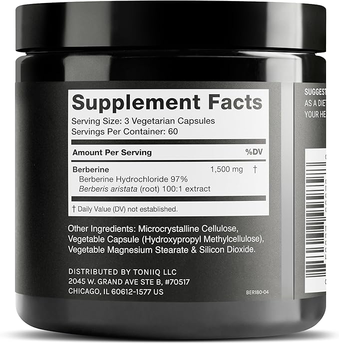 Toniiq Ultra High Strength Berberine HCl from The Himalayas - 100:1 Concentrated Extract - Lab-Tested 97% Berberine HCl - 180 Vegetarian Capsules, 1500 mg per Serving