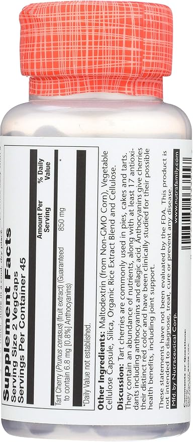 SOLARAY Tart Cherry Fruit Extract 425mg | Healthy Uric Acid Levels & Joint Support with Anthocyanins | 90ct, 45 Serv.