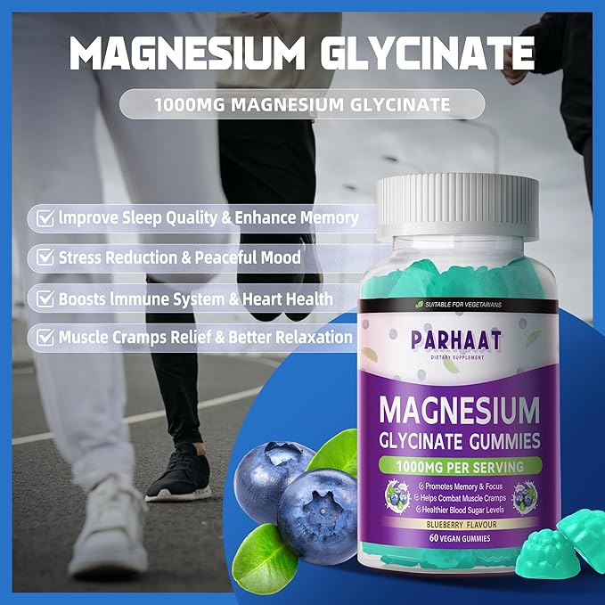 Magnesium Glycinate Gummies - Sugar Free Magnesium Potassium Supplement with Vitamin D, B6, CoQ10 for Calm Mood & Sleep Support - 120 Blueberry Chews