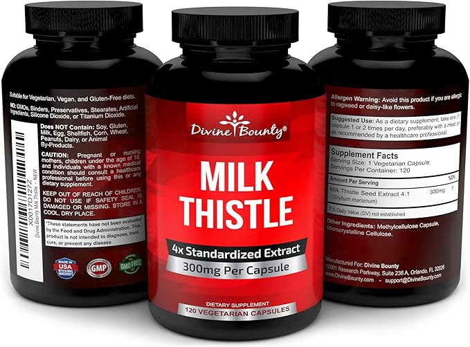 Divine Bounty Pure Milk Thistle Capsules - A Potent Milk Thistle Supplement with 300mg of 4X Concentrated Extract (Standardized) - 120 Vegetarian Capsules