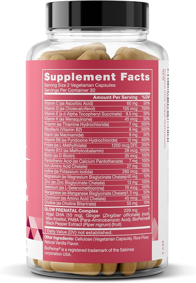 Eu Natural Glow Prenatal Vitamins for Women - 20-in-1 Prenatal Multivitamin with Folate & Vegan DHA - Supports Healthy Pregnancy, Fetal Development & Mom’s Comfort - 60 Vegetarian Capsules