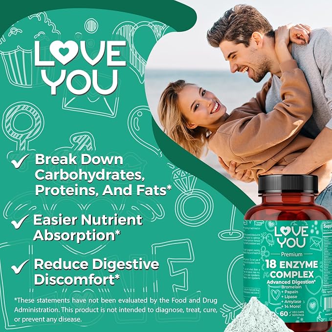 Love You 18 Enzyme Complex – Broad Spectrum Digestive Support with Amylase, Bromelain and Papain – Promotes Nutrient Absorption and Healthy Digestion, 60 Veggie Capsules