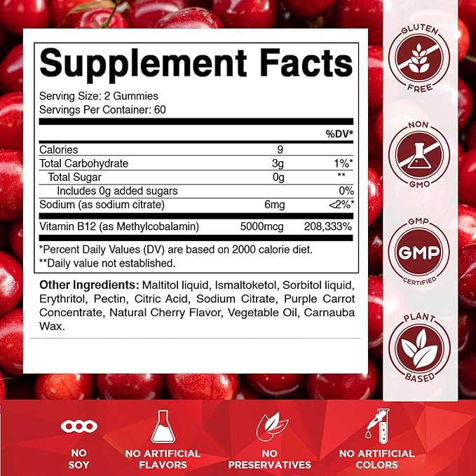 Vitamatic Extra Strength Vitamin B12 5000 mcg (Methyl B12) Gummies - 120 Count - Energy Metabolism Support and Nervous System Health Support, Natural Cherry Flavored (1)