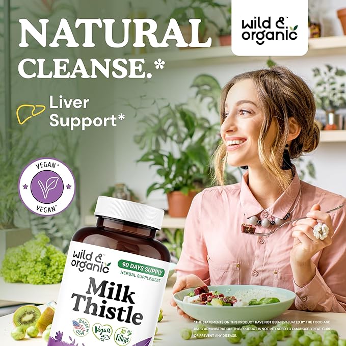Wild & Organic Milk Thistle Capsules 1000mg - Liver Supplement - Silymarin Milk Thistle Seeds Powder for Liver Support - 180 Vegan Capsules - 3-Month Supply - No Fillers, Non-GMO