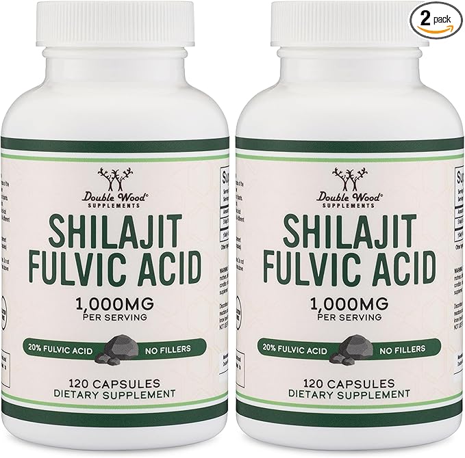 Shilajit Pure Himalayan Capsules (20% Fulvic Acid Supplement) 1,000mg of Authentic Shilajit Extract per Serving, 120 Count (High in Trace Minerals, No Fillers) by Double Wood (Pack of 2)