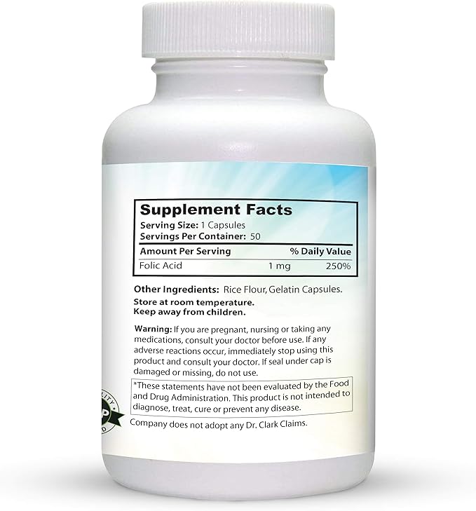 Dr. Clark Folic Acid (Vitamin B9) Supplement – 1mg, 100 Gelatin Capsules, Essential B Vitamin for Daily Health