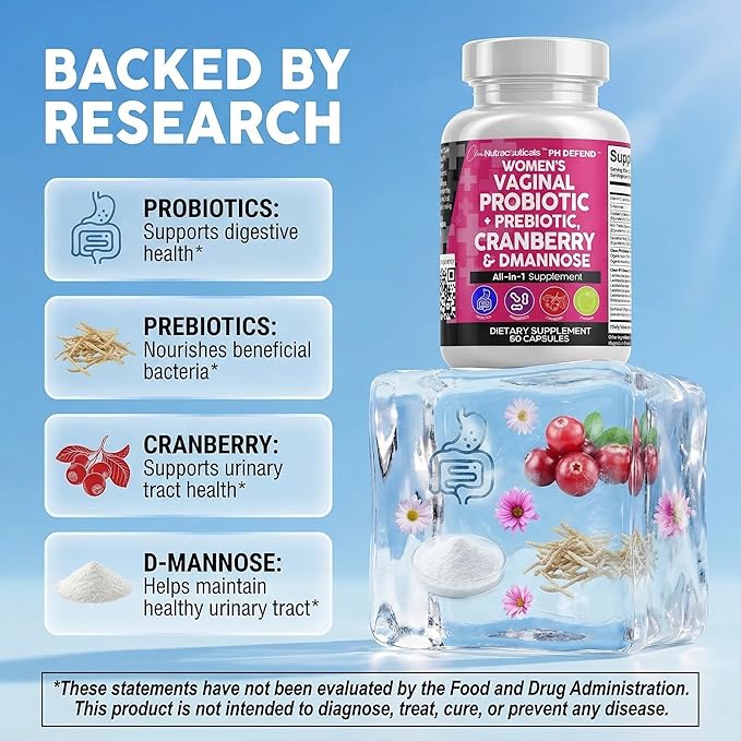Clean Nutraceuticals Vaginal Probiotics for Women with Cranberry, D-Mannose, Prebiotics, pH Balance Support, Feminine Health, Urinary Tract Cleanse – Capsule Alternative to Gummies – 60 Count