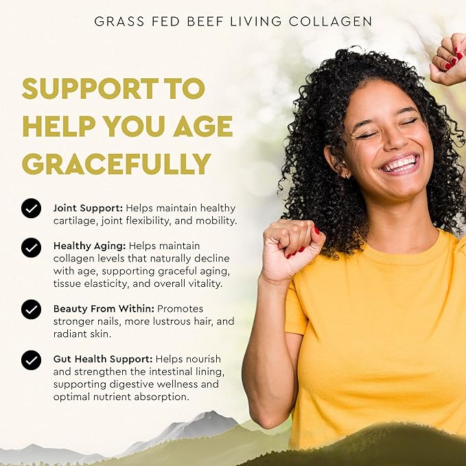 Ancestral Supplements Grass Fed Beef Living Collagen Nutritional Powder Supplement, 3000mg, Promotes Healthier, Younger Looking Skin, Hair, Nails and Joints, Type II, 180 Capsules