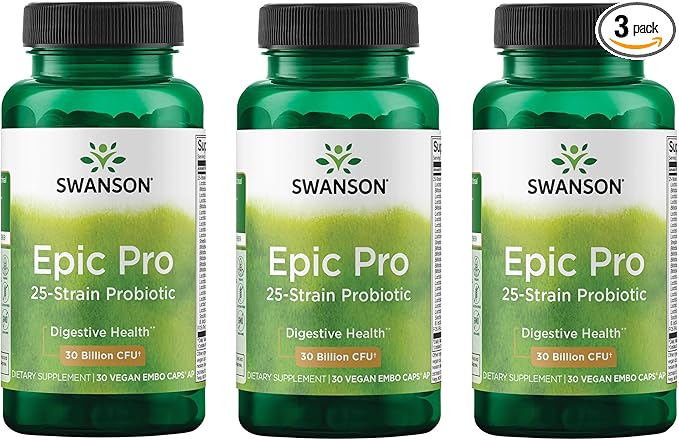 Swanson Epic-Pro 25-Strain Probiotic with Prebiotic FOS for Gut-Health-Conscious Adults Seeking Comprehensive Digestive and Immune Support - 30 Billion CFU (30 Vegan DRcaps, 3 Pack)