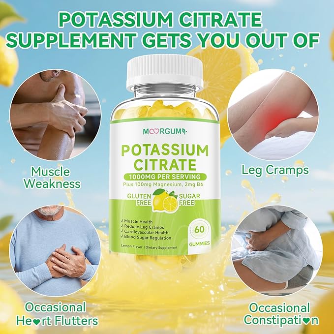 Potassium Citrate 1000mg Gummies, Potassium Supplement for Adults Women and Men, with Magnesium, Vitamin B6 Chewable Supplements, Support Electrolyte Balance, Muscular & Nerve Function, 120 Count