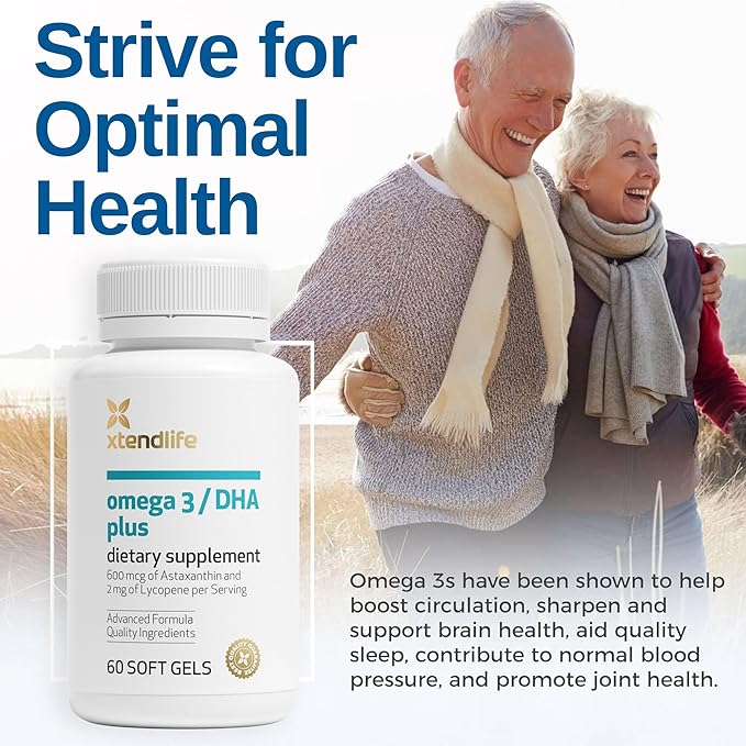 Xtendlife Omega 3 DHA Plus Fish Oil for Heart, Brain, Eye & Skin Health - 1100mg Omega-3 with DHA, EPA, Lycopene & Astaxanthin - 1 Month Supply (60 Count)