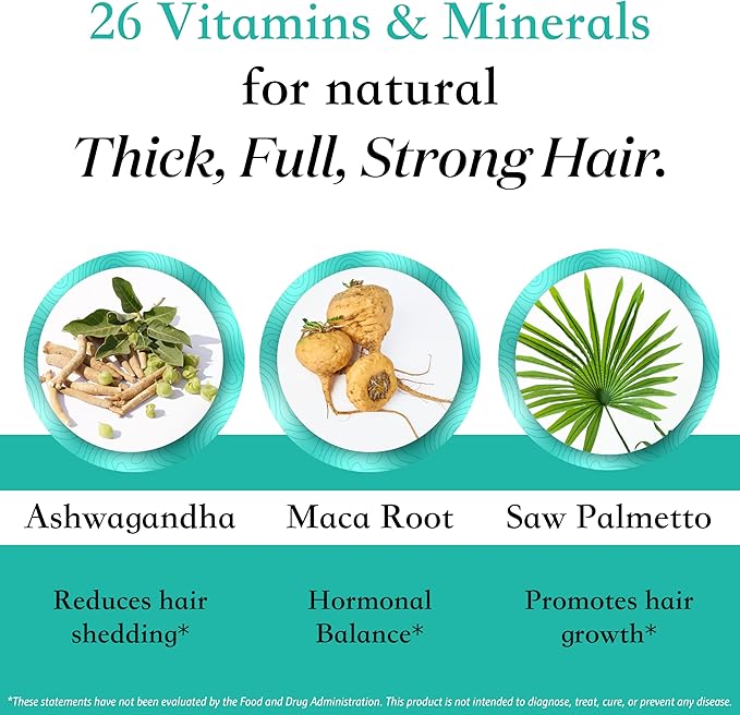 Women's Balance Hair Growth Supplements, Ages 45 and Up, Customer Proven for Visibly Thicker Hair and Scalp Coverage, Soy-Free, Made with 26 Ingredients including Beta Carotenes - 3 Month Supply