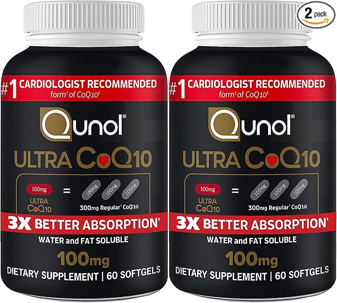 Qunol Ultra CoQ10 100mg 3X Better Absorption Patented Water and Fat Soluble Natural Supplement Form Coenzyme Q10 Antioxidant for Heart Health Packs Softgels, 120 Count