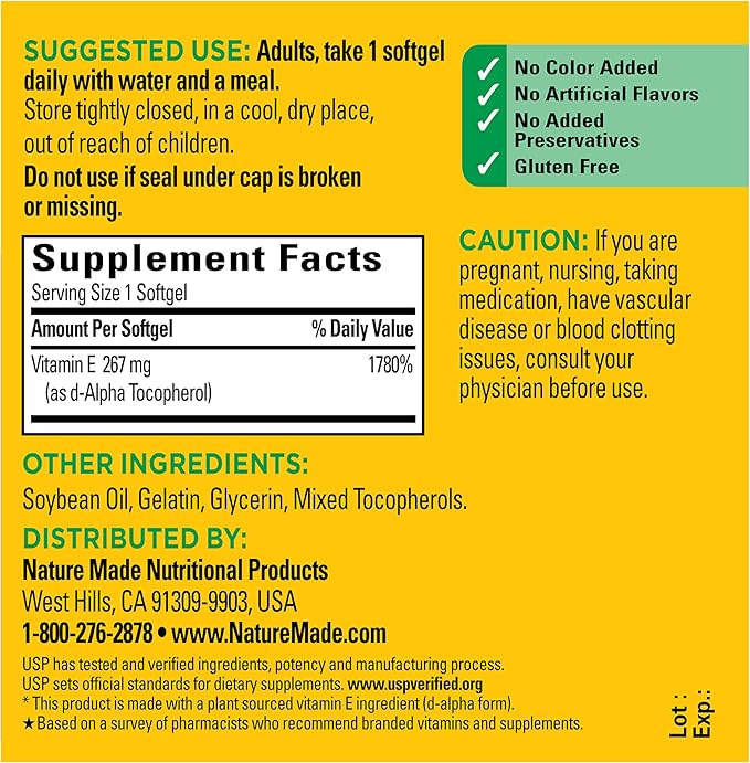 Nature Made Vitamin E 400 IU Softgels 267 mg d-Alpha, Dietary Supplement for Antioxidant and Skin Support, 100 Softgels, 100 Day Supply