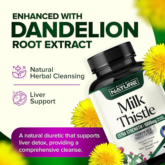 Built by Nature Milk Thistle Liver Detox Supplement with Silymarin Extract & Dandelion Root – Gentle Herbal Liver Cleanse for Men & Women - Liver Health Support - Non-GMO - 120 Veggie Capsules