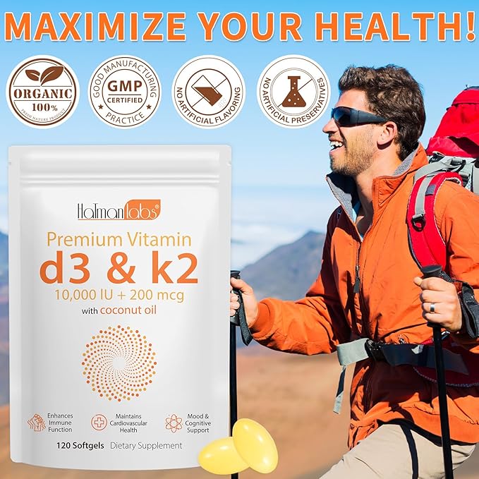 2 Bag Vitamin D3 K2 Supplement Softgel, Vitamin D3 K2 Softgel with 10000 IU Supports Immune, Heart, Teeth & Bone Health, Free of GMO, Gluten, Soy