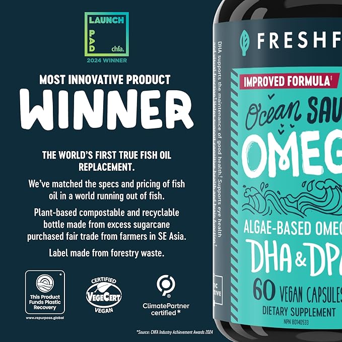 Freshfield Omega 3, DHA Supplements, Algae Oil, Vegan Omega, Ocean Saving Fish Oil Replacement, Sustainably Sourced, Highest Levels of DHA per Capsule, w/DPA