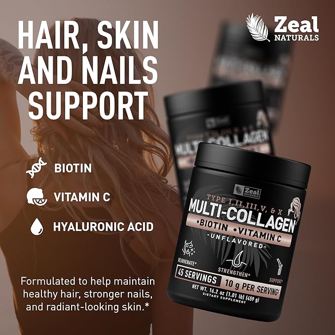 Zeal Naturals Multi Collagen Protein Peptides Powder Types I II III V X - Vitamin C, Biotin & Hyaluronic Acid - Hair, Skin & Nails - Marine, Bovine, Chicken & Eggshell - Unflavored, 45 Servings