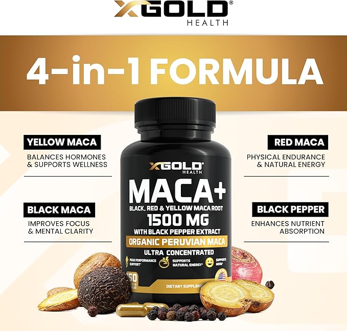 X Gold Health Organic Maca Root Capsules 1500mg – Peruvian Black, Red & Yellow Maca – Energy, Stamina, Libido & Hormone Balance Support for Men & Women – Vegan, Non-GMO – 150 Veggie Capsules