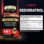 6in1 Trans Resveratrol Supplement with Grape Seed, Milk Thistle, and More - Resveratrol 1000mg - Supports for Immune System, Heart Health, Body Management - 180 Capsules